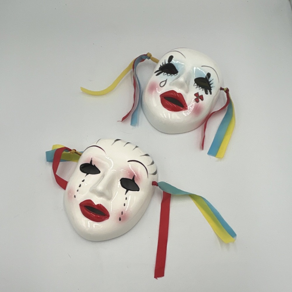 2 White Ceramic Painted carnival Face Masks wall Art